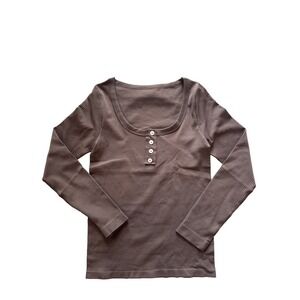 OQQ Henley  Seamless Mocha Taupe Ribbed Button Long Sleeve Soft Sculpt Contour S